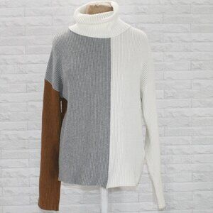 LULUS COZY ON OVER Turtleneck Sweater Oversized Color Block White Tan Grey Med